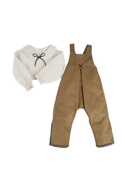 Kahverengi Kadife Salopet Gömlek Erkek Bebek 2'li Set
