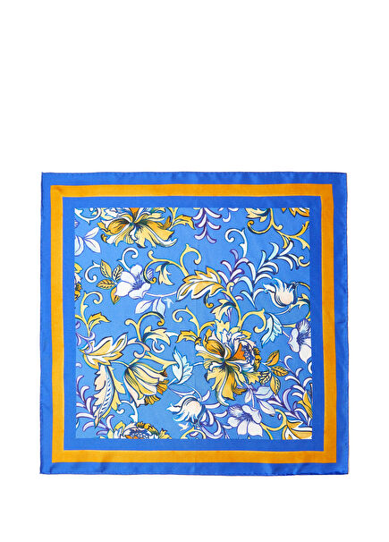 Blue Yellow Floral Patterned 50x50 cm Silk Scarf