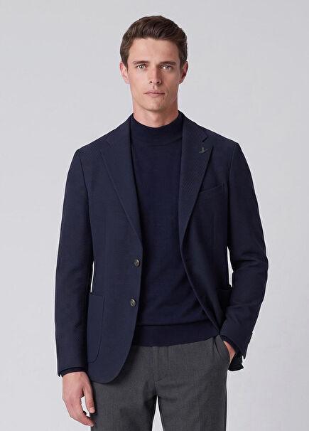 Navy Blue Large Diagonal Textured Woven Jacket