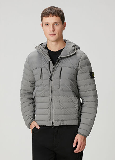 Gri Kapüşonlu Puff Mont