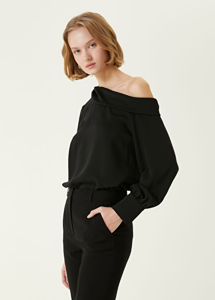 Black One-Shoulder Crepe Blouse