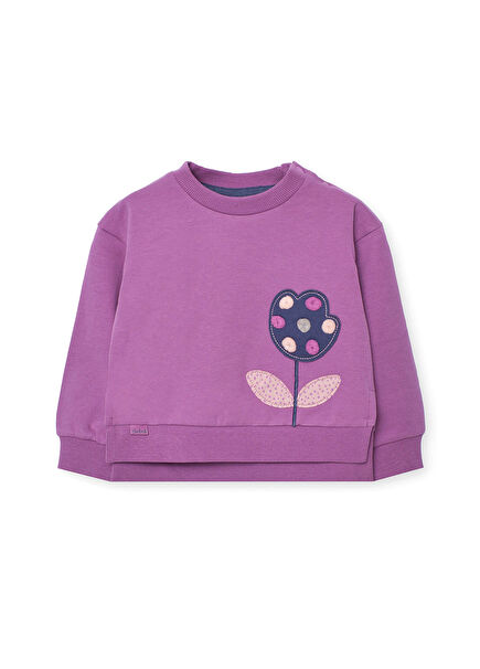 Mor Çiçek Nakışlı Kız Çocuk Sweatshirt