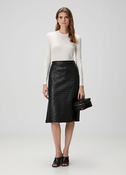 Siyah Midi Deri Etek