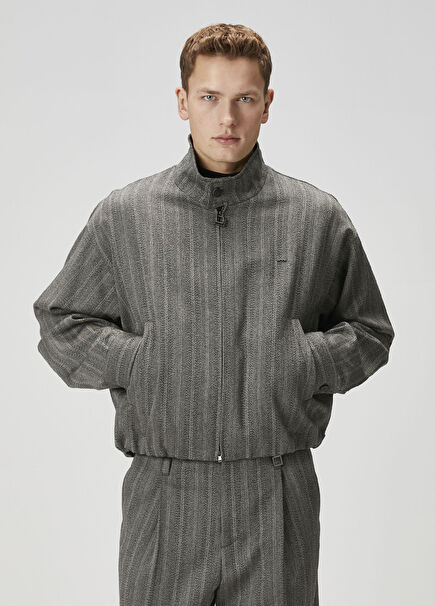 Gri Balıksırtı Desenli Yün Ceket