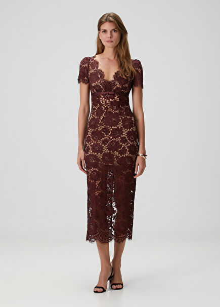 Bordo Midi Dantel Kokteyl Elbise