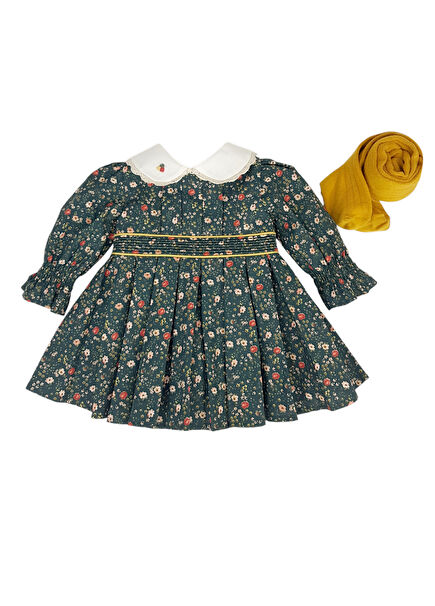 Green Floral Collar Embroidered Dress and Pantyhose Baby Girl Set of 2