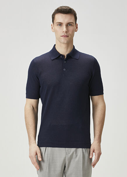 Navy Blue Short Sleeve Linen Polo Sweater
