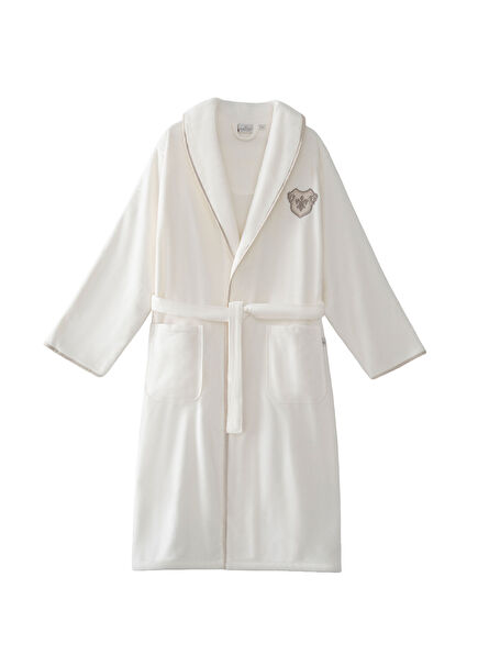 Ayliz Krem Rengi Organik Pamuk Nakışlı Erkek Bornoz