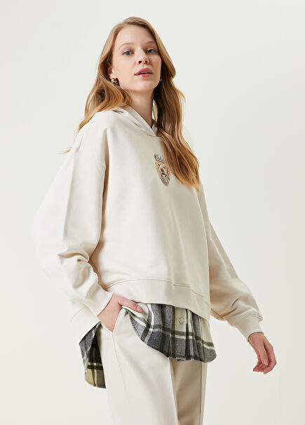 Bej Kapüşonlu Ekose Detaylı Sweatshirt