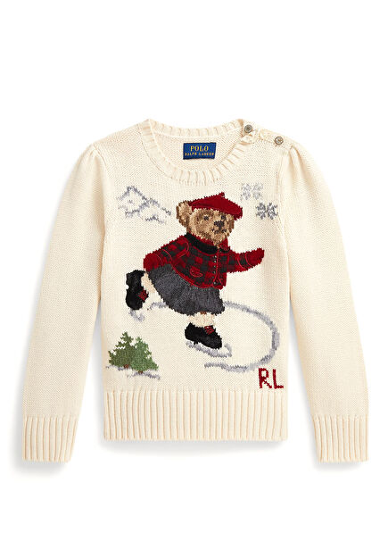 Cream Teddy Bear Jacquard Girl Sweater