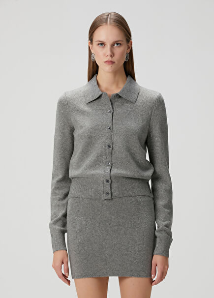 Gri Mikro Taşlı Polo Triko Hırka