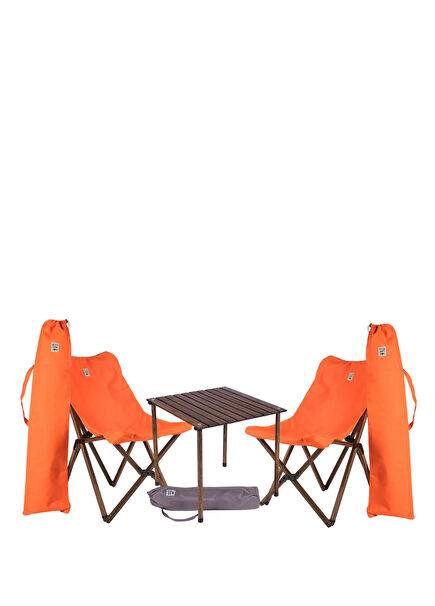 Antrasit Turuncu Ahşap Katlanır Masa Sandalye Seti