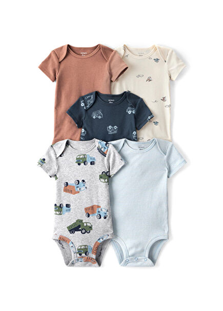 Truck Patterned Colorful Short Sleeve Baby Boy Snap Body Set