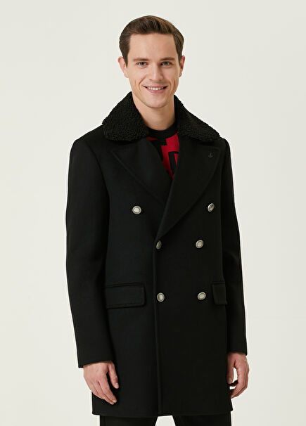 Black Double-Breasted Wool Peacoat