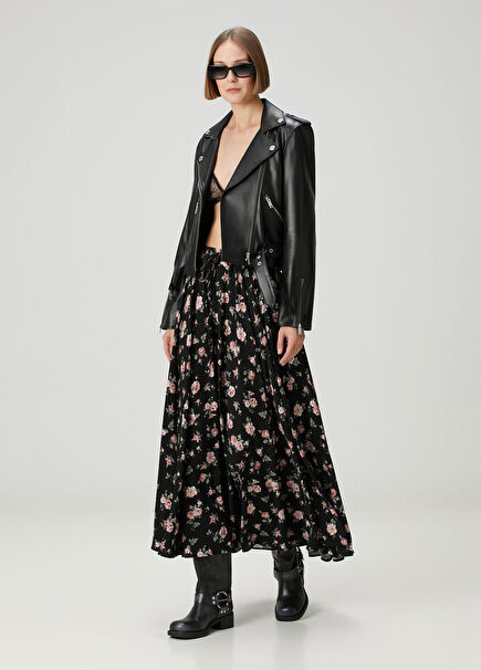 Black Floral Midi Silk Skirt