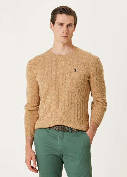 Beige Hair Braid Textured Wool Sweater