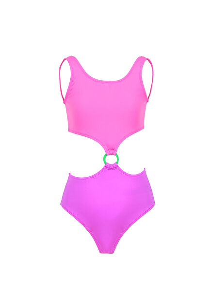 Pink Purple Cut-Out Hoop Detailed Girls' Swimsuit