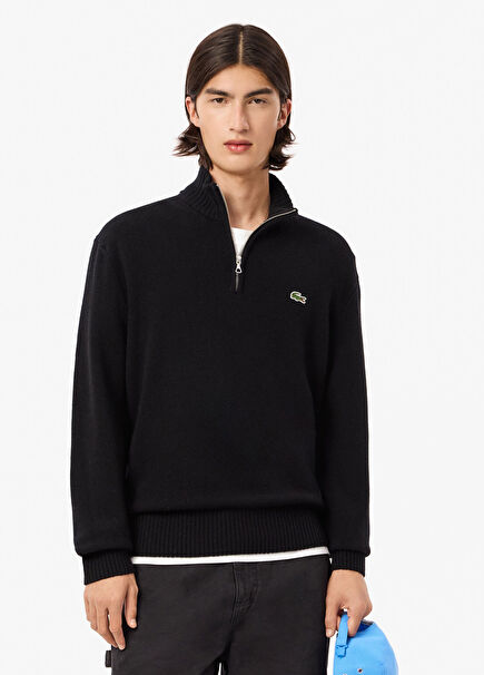 Siyah Yün Yarım Fermuarlı Classic Fit Erkek Kazak