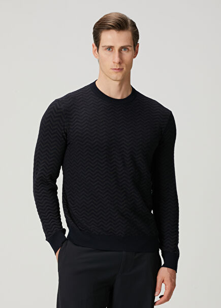 Lacivert Zikzak Desen Jakarlı Yün Kazak