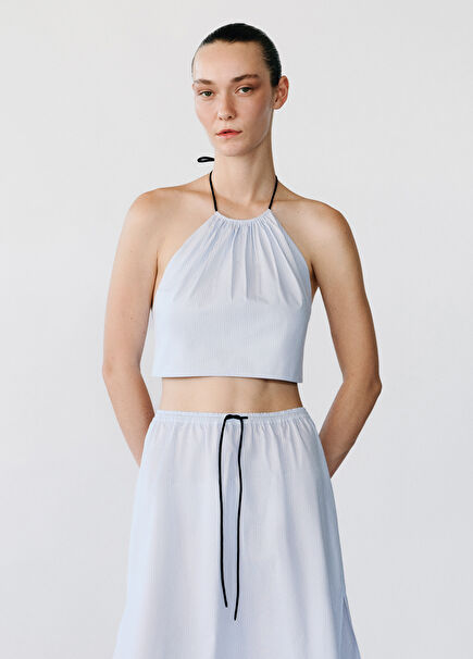 Ezzo Blue Neck Tie Women's Crop Blouse