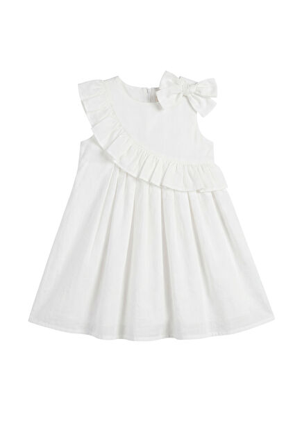 Ecru Bow Detailed Cotton Girl's Dress