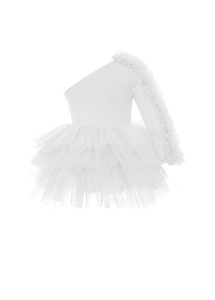 Beyaz Tek Omuz Fırfır Detaylı Kız Çocuk Elbise