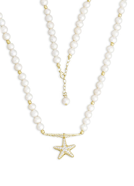 İnci Yıldızı Doğal Taşlı 18 Ayar Sarı Altın Kaplama 925 Ayar Gümüş Kadın Kolye