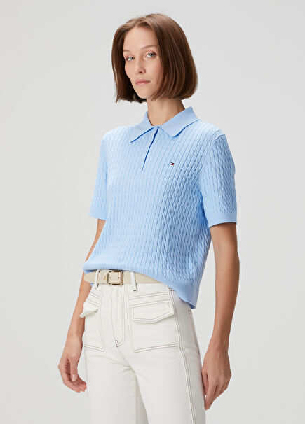 Blue Cable Knit Polo Sweater