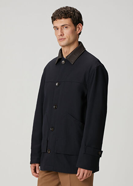 Navy Blue Collar Detail Wool Jacket