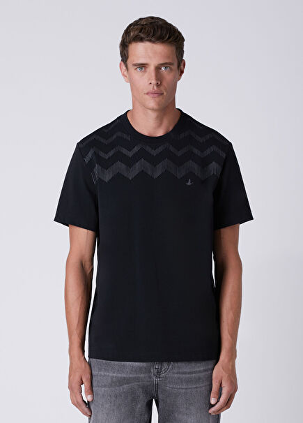 Relax Fit Siyah Zikzak Çizgi Baskılı T-shirt