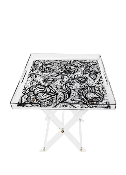 Black Lace Patterned Side Table and Tray