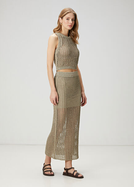 Open Khaki Sequined Knit Skirt