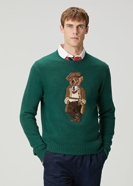 Dark Green Logo Jacquard Wool Sweater