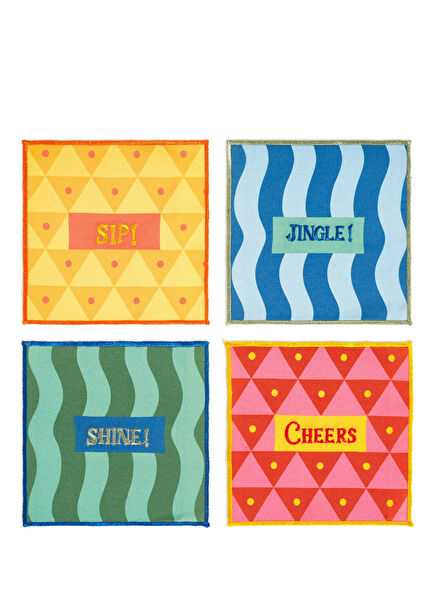 Nilüfer Dijital Baskılı Nakışlı Renkli Polyester 4'lü Bardak Altlığı Seti 