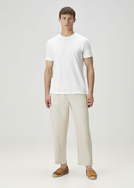 Krem Beli Kordonlu Keten Pantolon