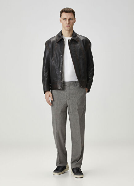 Slim Fit Gri Ekose Desenli Yün Pantolon