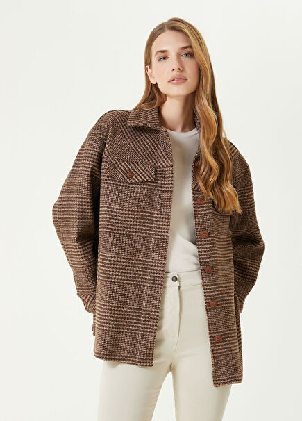 Kahverengi Kazayağı Desenli Gömlek