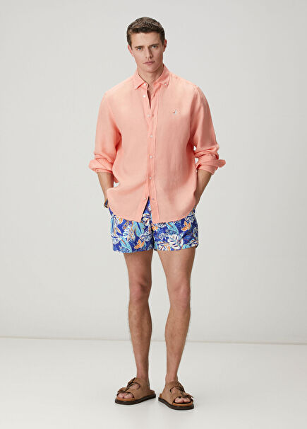 Blue Orange Flower Leaf Print Short Swimsuit