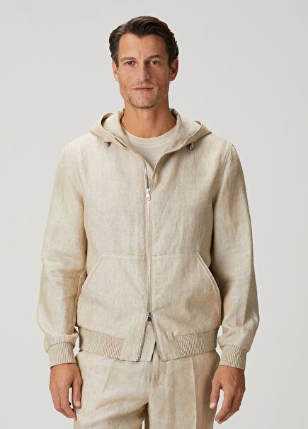 Bej Kapüşonlu Keten Mont