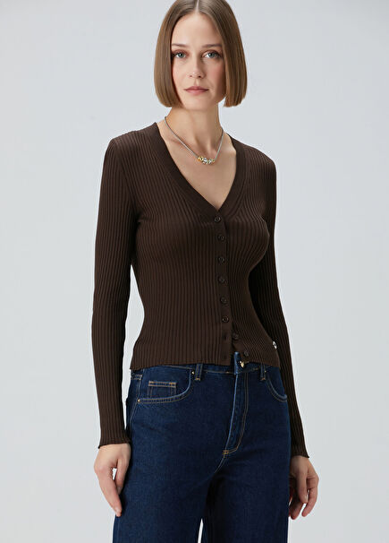 Kahverengi Ribli Koton Hırka