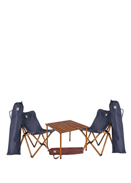 Wooden Brown Navy Blue Foldable Camping Table and Chair Set