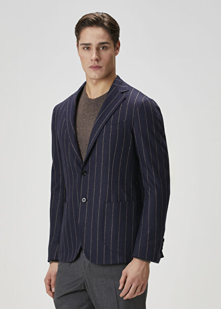 Navy Blue Stripe Patterned Wool Jacket