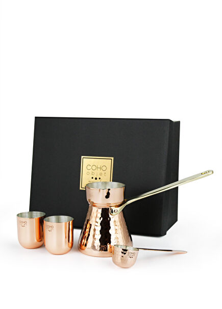 Box Forged Copper Coffee Pot Spoon and Set of 2 Cups