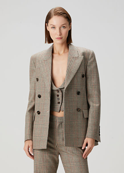 Brown Plaid Double-Breasted Wool Jacket