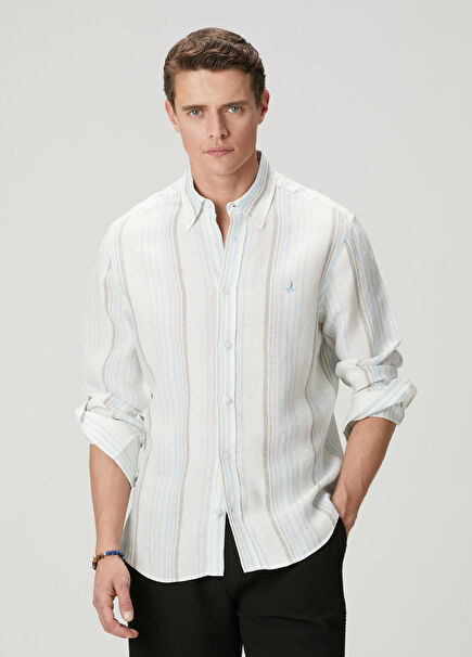 Comfort Fit Blue White Striped Patterned Linen Shi