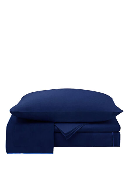 Navy Blue Piping Cotton Satin Double Duvet Cover Set 200 x 220 cm