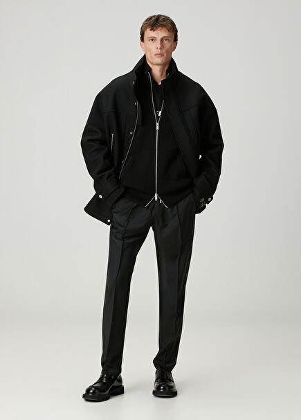 Siyah Beli Kordonlu Yün Klasik Pantolon