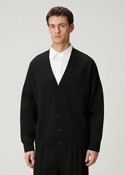 Siyah Logo Nakışlı Yün Triko Hırka