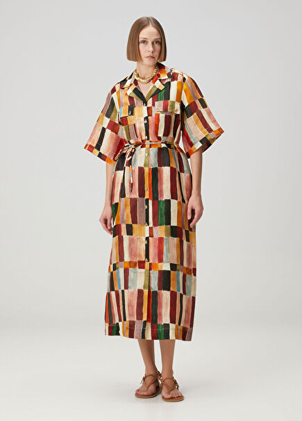 Marjorelle Patterned Midi Linen Shirt Dress