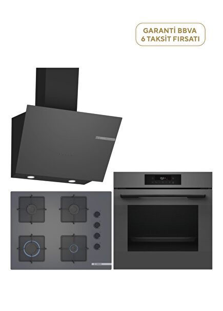 HJG852YN0T Serie 6 Anthracite Gray Oven + OP7C9P31O Serie 4 c Glass Cooker + DWK66PJ70T Serie 4 Gray Hood 3-Piece Built-in Set